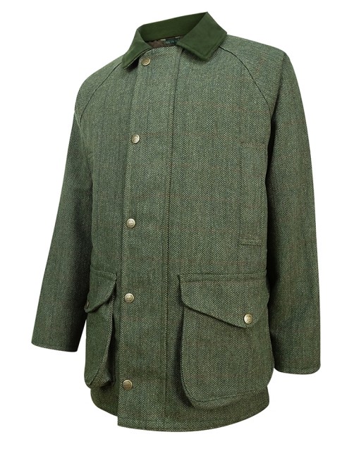 Hoggs of Fife Men's Harewood Lambswool Tweed Waterproof Shooting Coat (Dark Green Herringbone/Red)