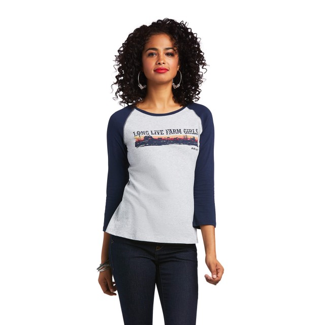 Ariat Women's REAL Long Live Baseball Tee (Heather Grey/Navy)