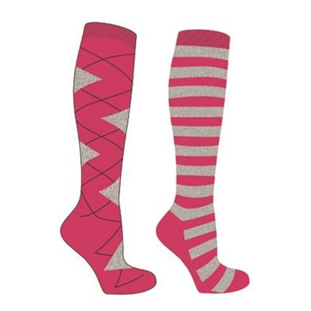 Mark Todd Women's Argyle & Stripe Twin Pack Long Socks (Fuchsia/Grey)